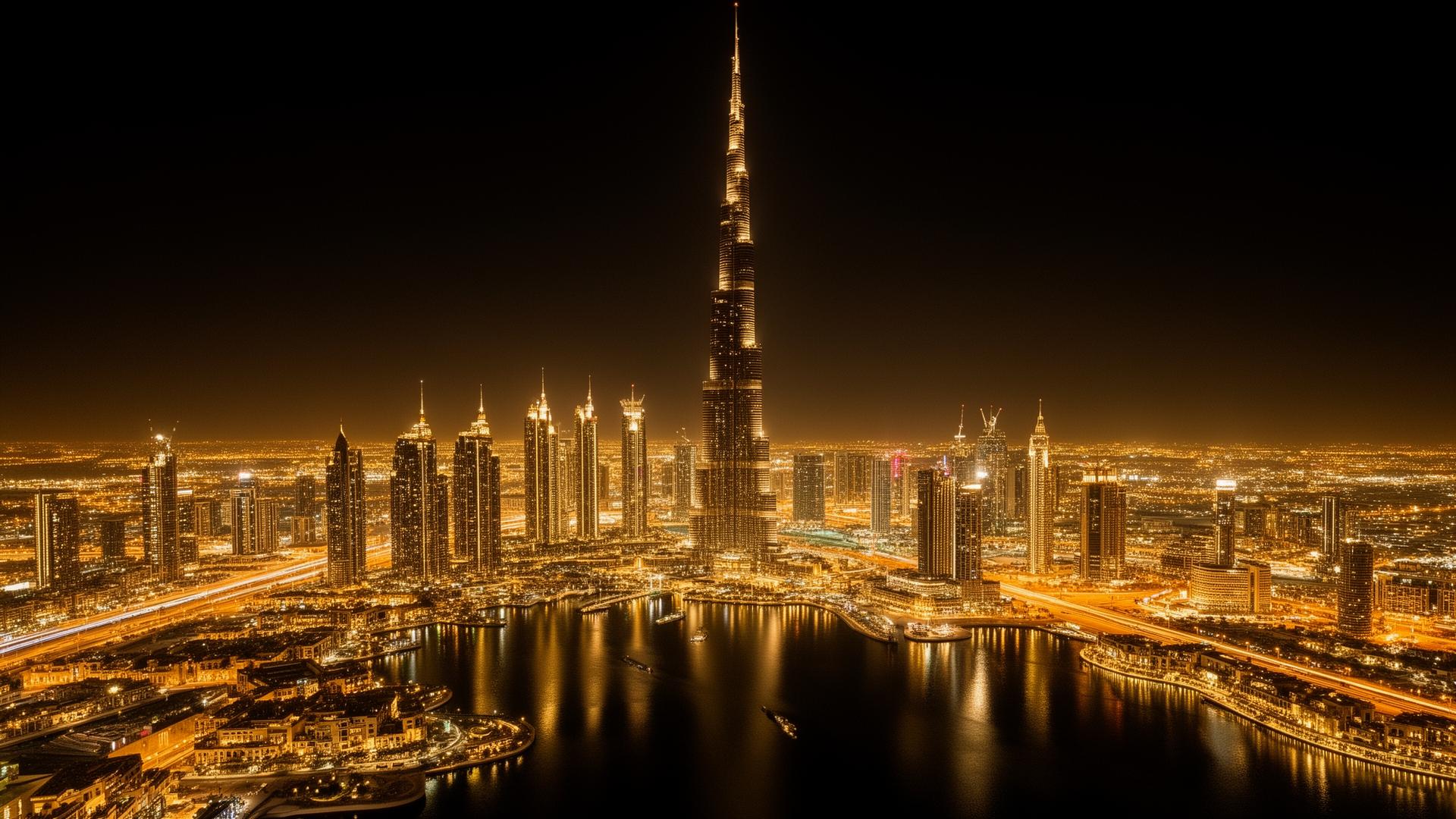 Skyline de Dubaï la nuit avec le Burj Khalifa illuminé
