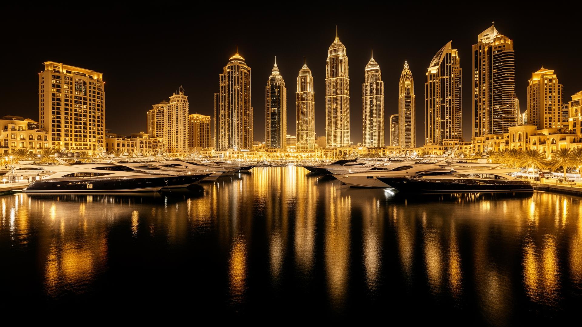 Dubai Marina la nuit avec yachts et gratte-ciels illuminés